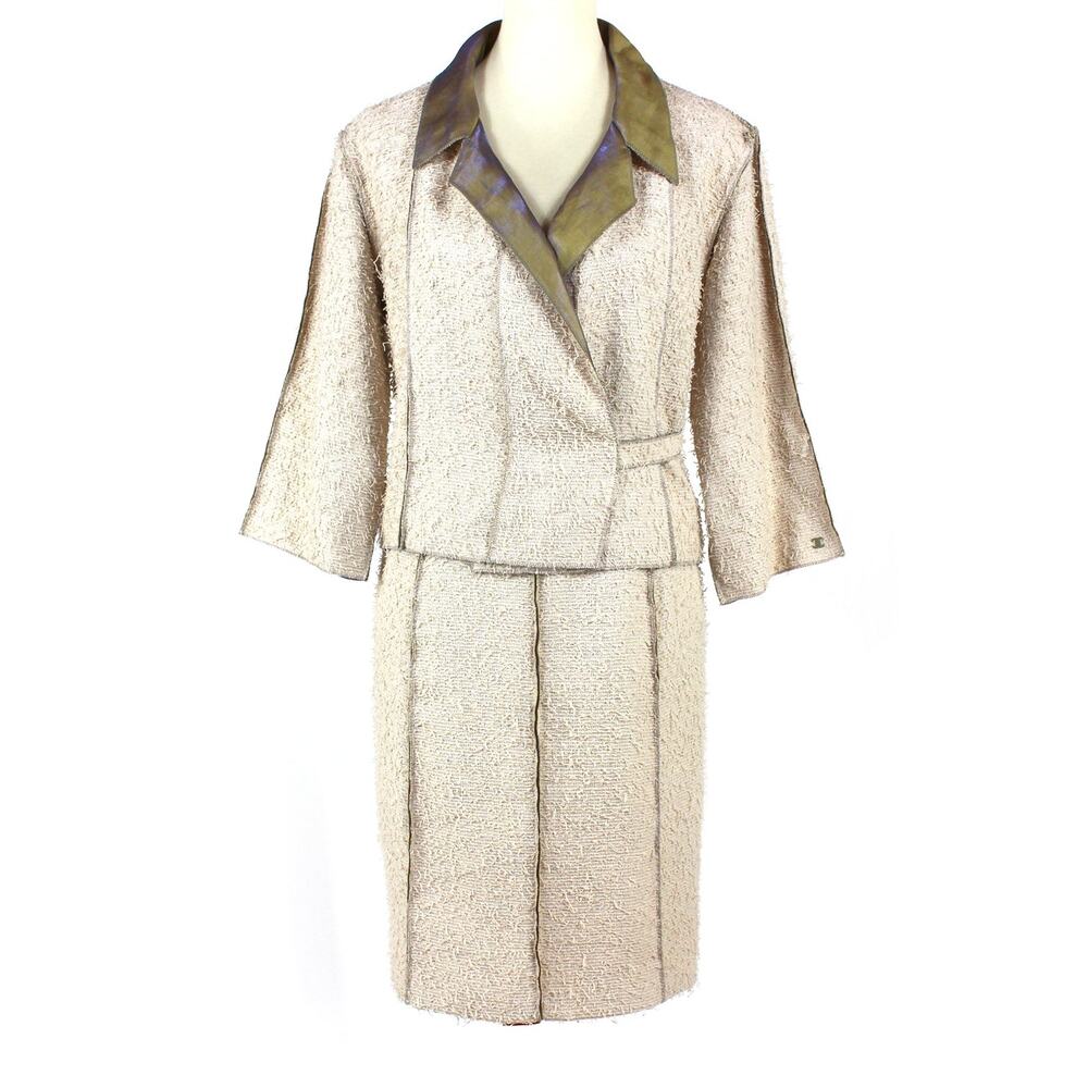Chanel 1999 VTG Boutique Skirt Jacket Linen Suit Eyelash Fringe Textured Set 44